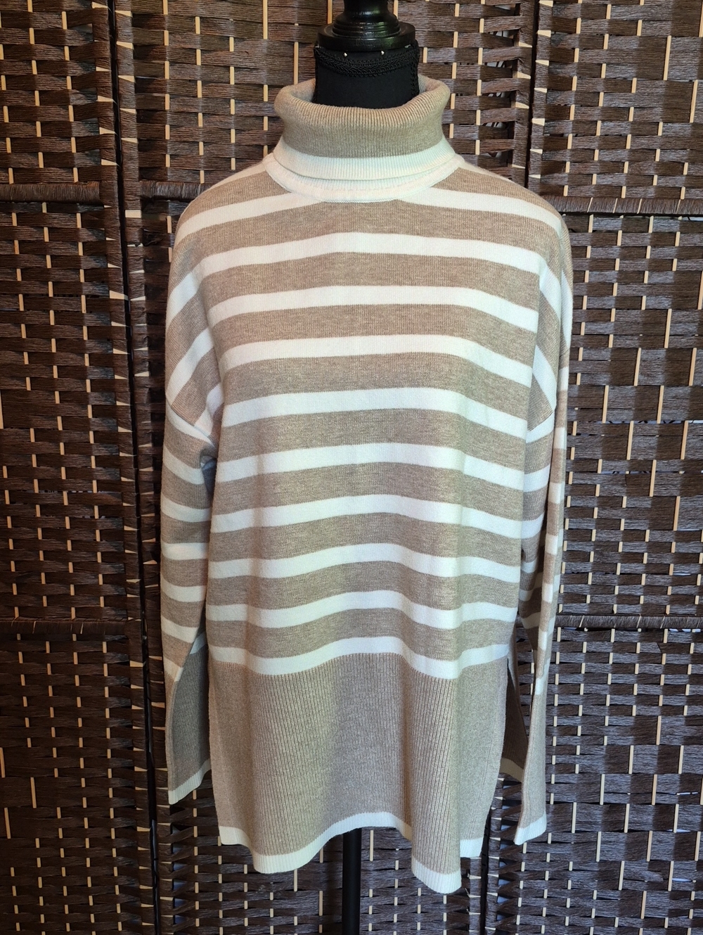 Striped Beige & White Turtleneck Sweater